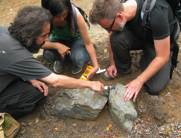 Martin, Ryoko and Erich detecting radiation in closed Lampinsaari mine.
